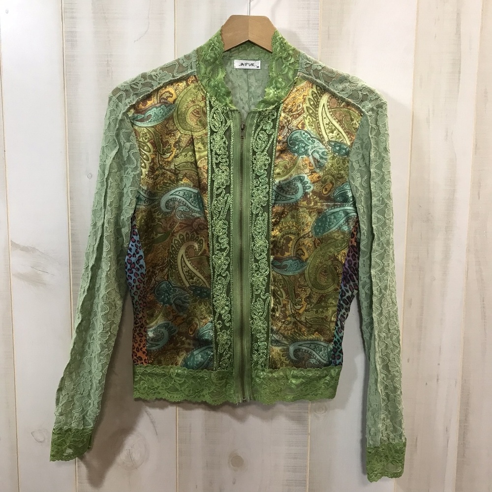 Jaipur Green Gold Lace Zip Up Jacket M Paisley